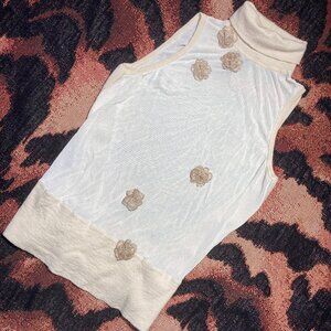 Vtg 90s Donna Karan Sleeveless Sheer Mesh Knit Top Turtleneck Sweater Embroidery